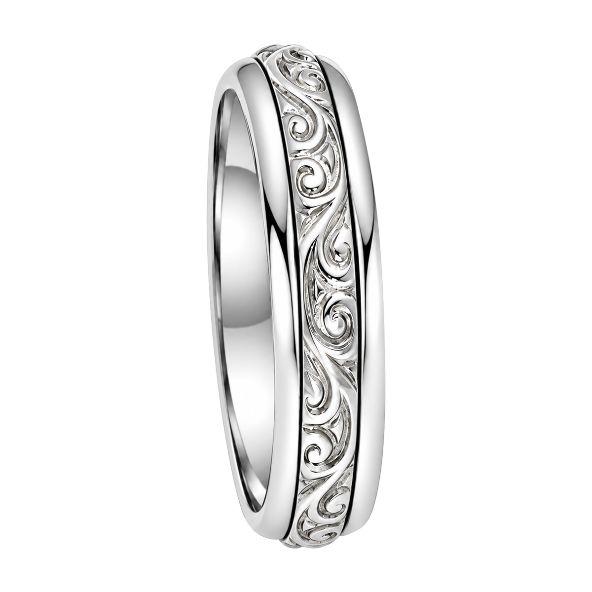 14K Matte White Gold Scroll Men's Wedding Band