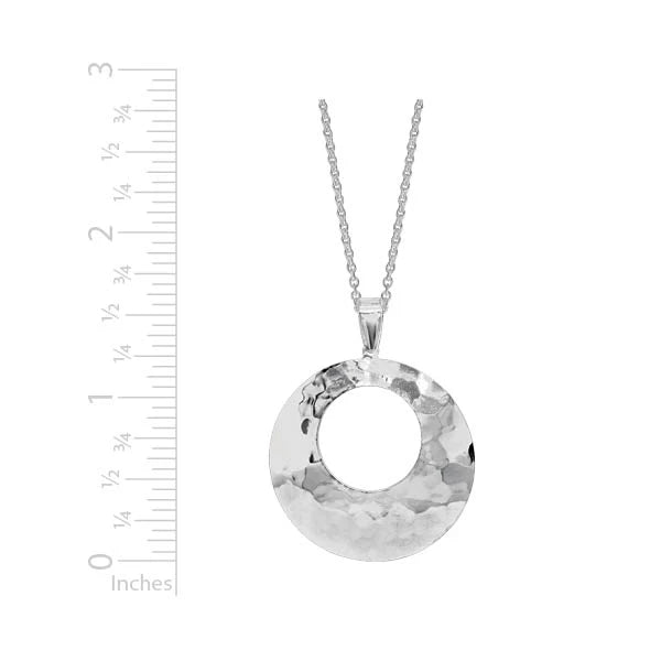 Sterling Silver Rhodium Plated Hammered Open Circle Pendant with Chain