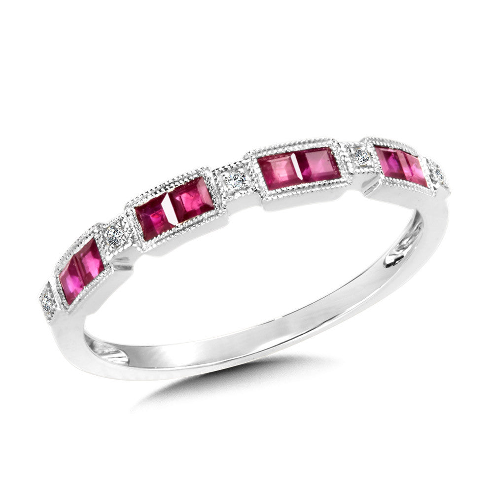 14k White Gold Diamond and Ruby Stackable Ring