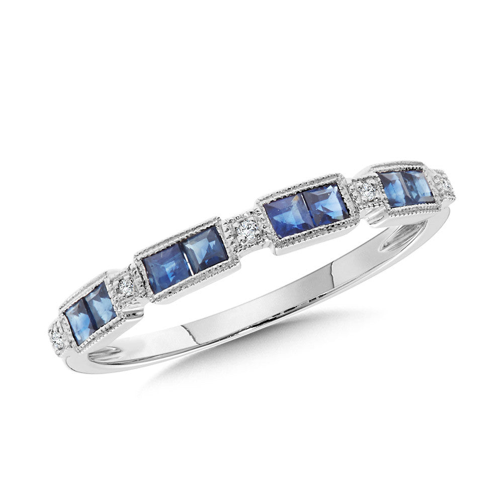 14K White Gold Blue Sapphire and Diamond Stackable Band