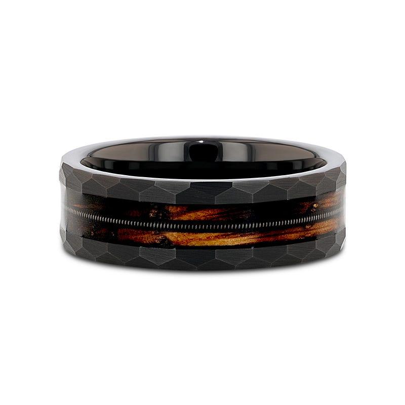 RIFF Black Tungsten Ring with Charred Whiskey Barrel and Guitar String