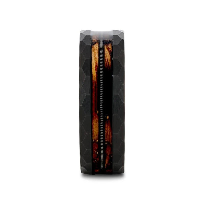 RIFF Black Tungsten Ring with Charred Whiskey Barrel and Guitar String