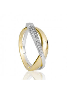 14K Two Toned White & Yellow Gold Crossed Shank Band with Pave Diamonds