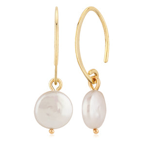 14K Yellow Gold Mini Simple Sweep Coin Pearl Dangle Earrings