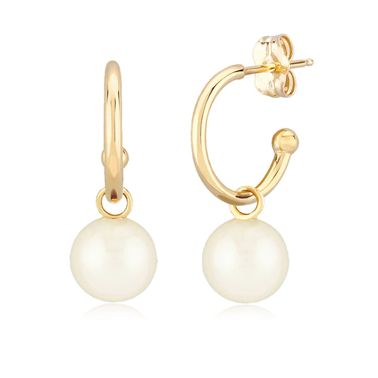 14K Yellow Gold 1.5x12mm Hoop Post Earrings with 6mm Pearls