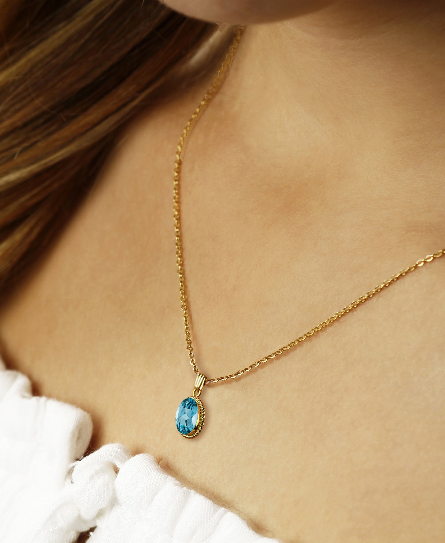 14K Yellow Gold 8x6mm Blue Topaz Pendant with Chain