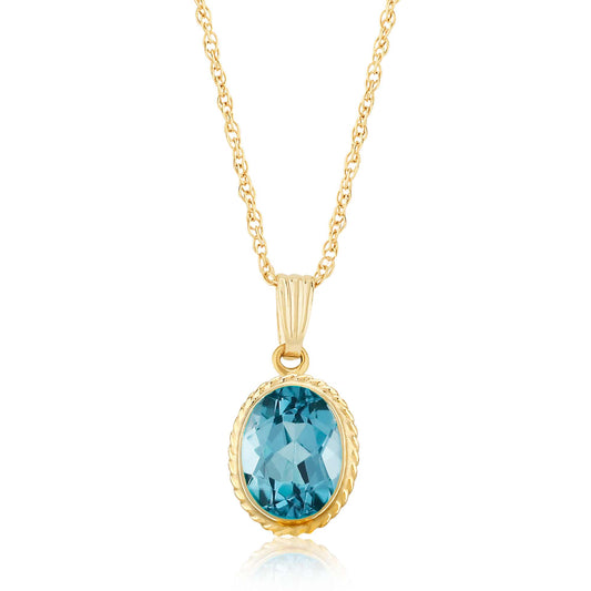 14K Yellow Gold 8x6mm Blue Topaz Pendant with Chain