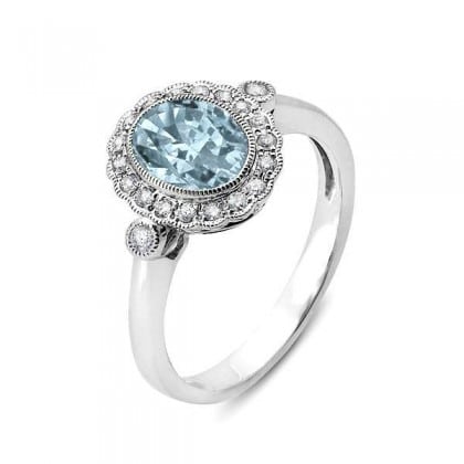 14K White Gold Aquamarine Ring with Diamonds by Stanton Color