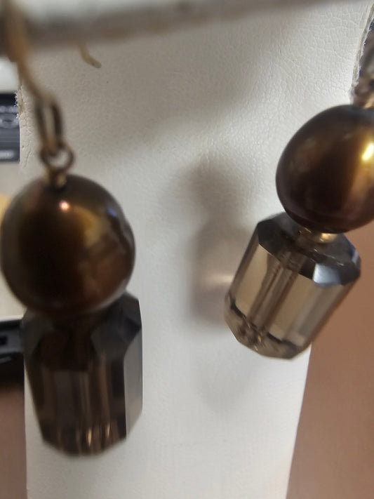 14K Yellow Gold Pearl & Smokey Topaz Bead Dangles