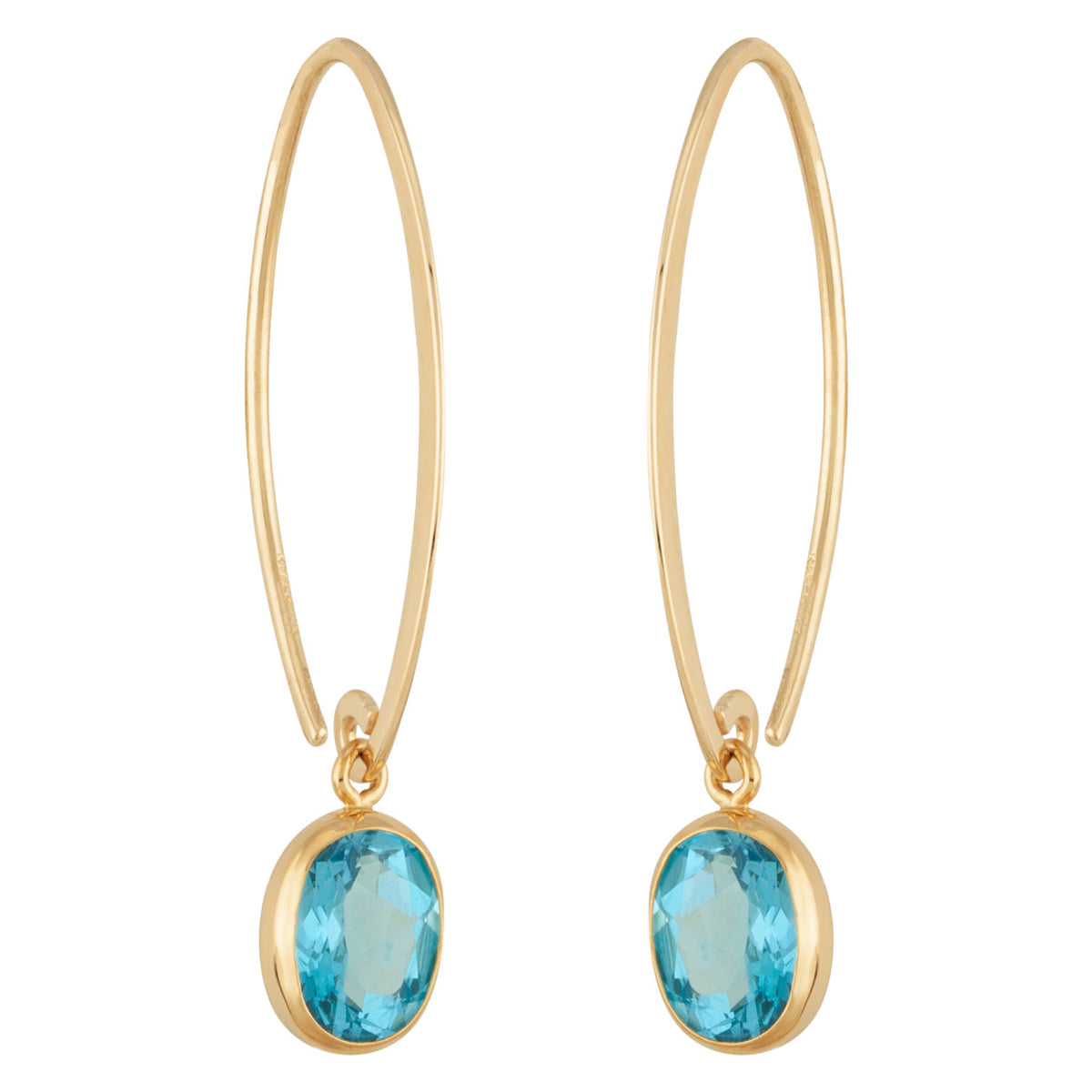 14K Yellow Gold Simple Sweep 8x6mm Blue Topaz Threader Wire Dangle Earrings