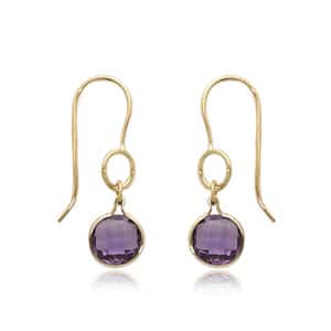 14K Yellow Gold Bezeled Round Simple Circle Amethyst Dangle Earrings by Carla & Nancy B.