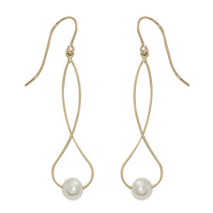 14K Yellow Gold Single Twisty Pear 8mm Pearl Hook Wire Earrings