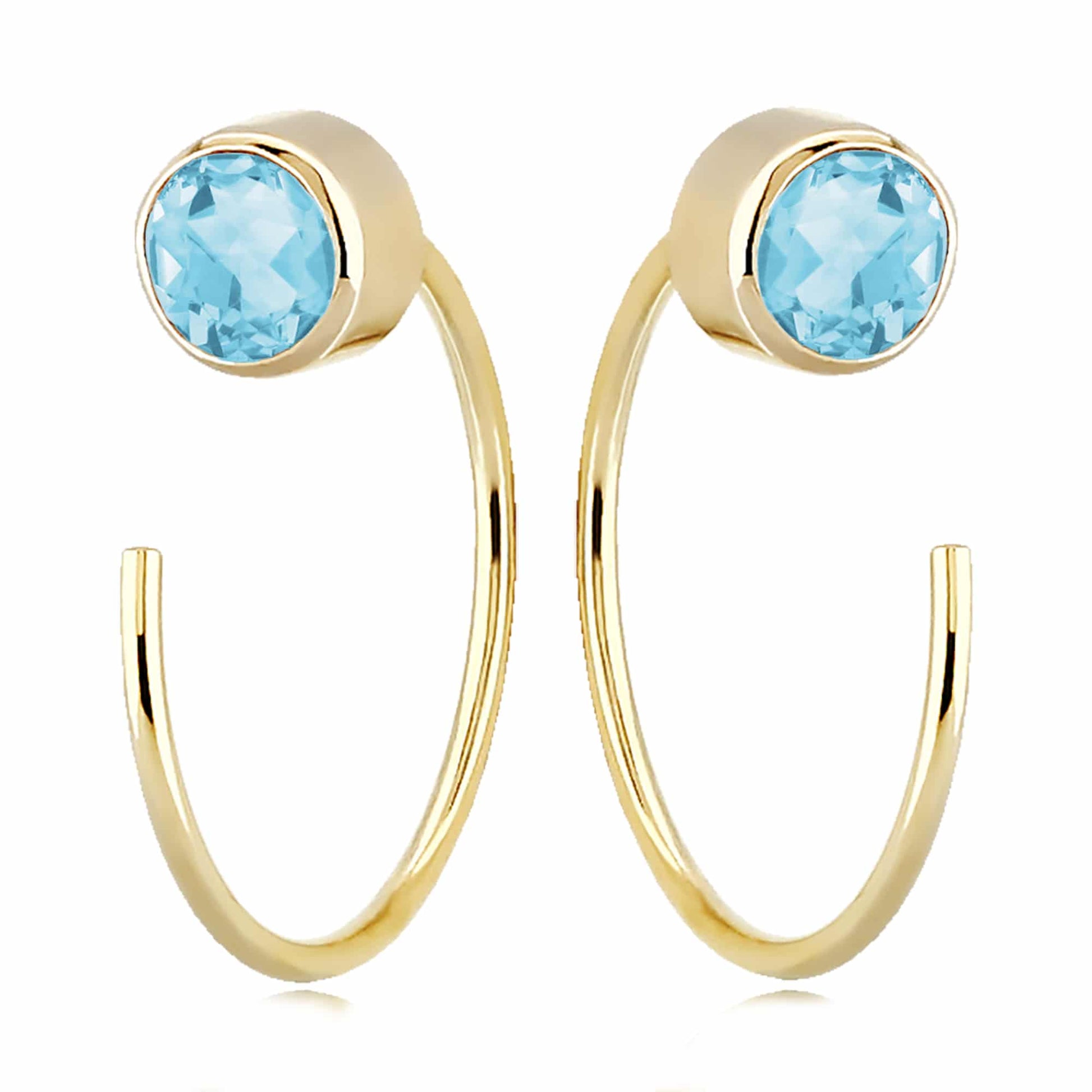 14K Yellow Gold Simple Bar Hoop Earrings with Swiss Blue Topaz by Carla & Nancy B.