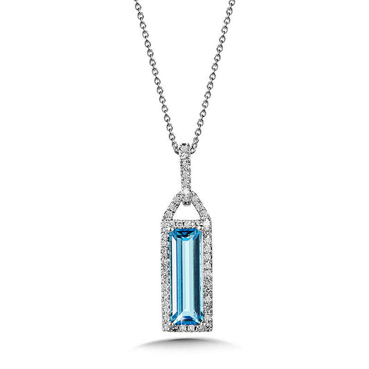 14K White Gold Baguette Cut Blue Topaz and Round Diamond Framed Pendant with Chain