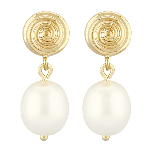 14K Yellow Gold Swirled Round Earrings with 8mm Freshwater Pearls