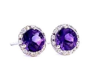 14K White Gold Grape Garnet Halo Diamond Studs