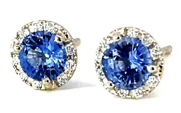 14K White Gold Sapphire Studs with Halo Diamonds