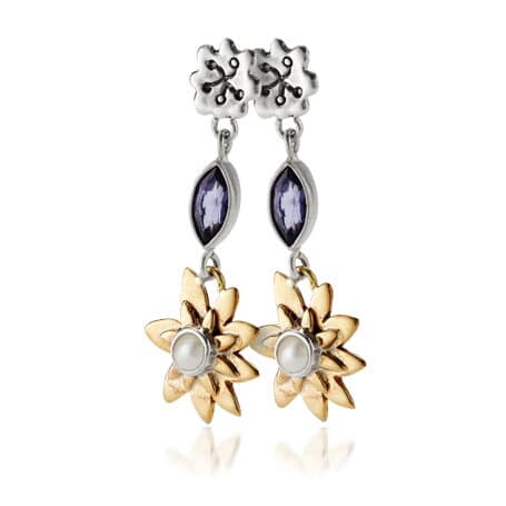 Sterling Silver and Gold Plate with Iolite and Pearl Flower Dangle Earrings by Sara Blaine