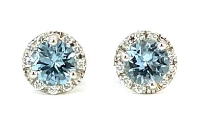 14K White Gold Aquamarine with Halo Diamonds Studs