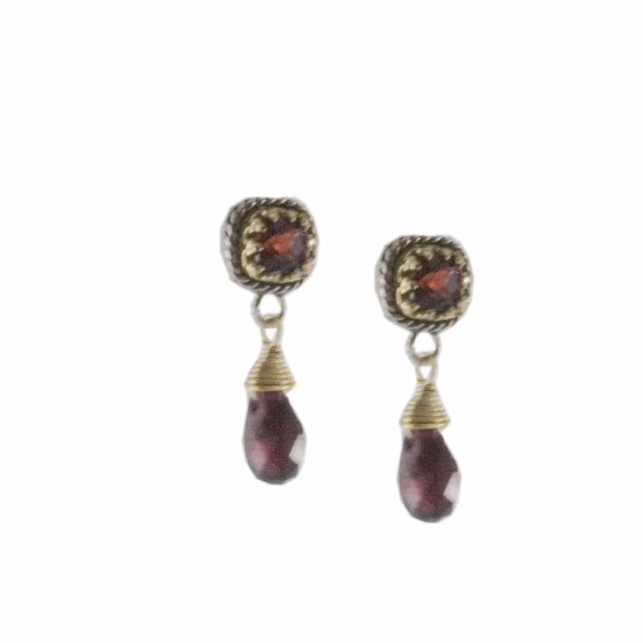 Sterling Silver with 18K Gold Garnet Post Briolette Dangle Earrings by Sara Blaine