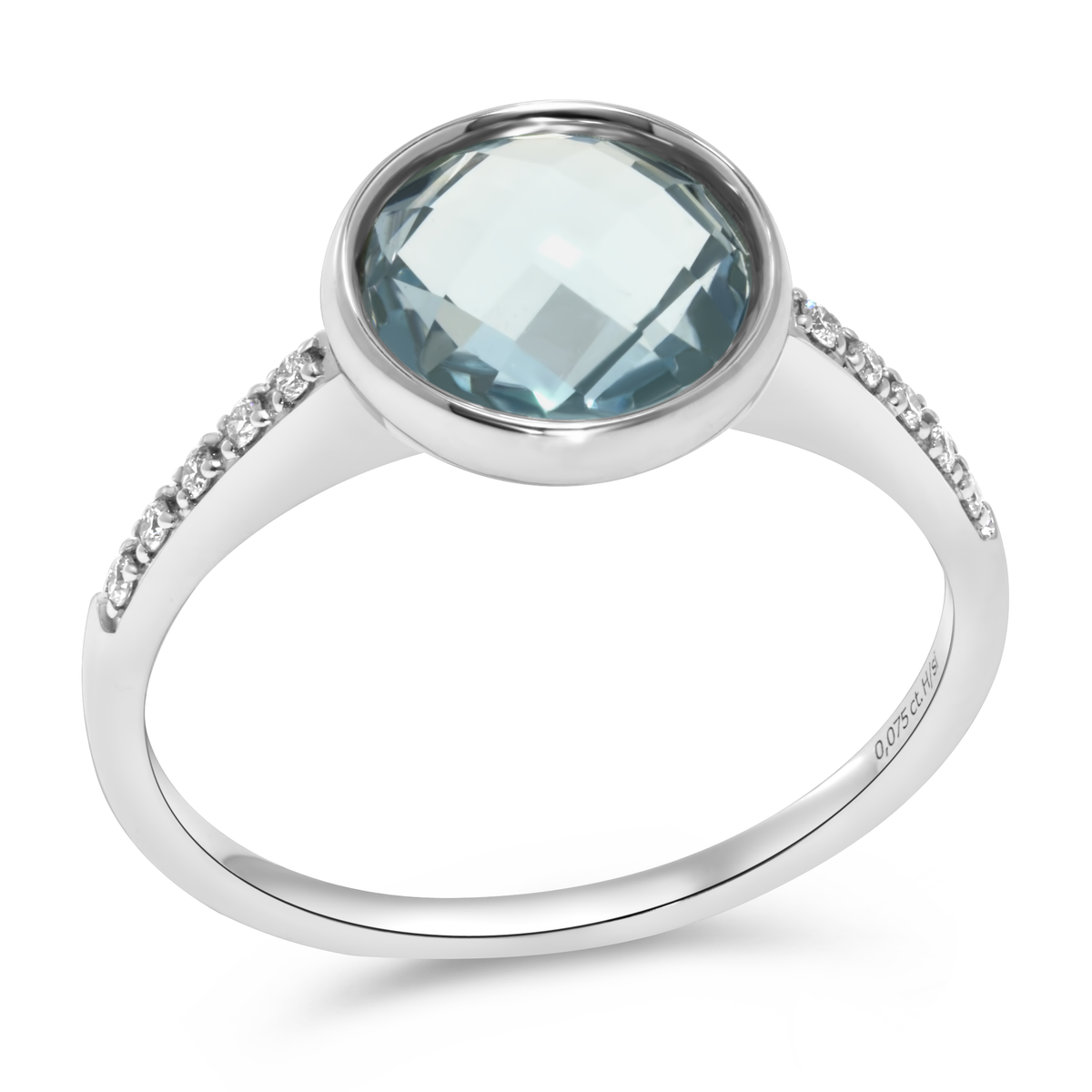 14K White Gold Checkerboard Blue Topaz & Diamond Ring