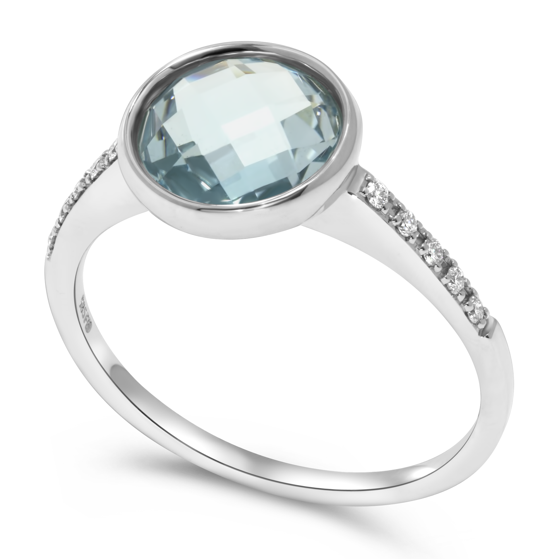 14K White Gold Checkerboard Blue Topaz & Diamond Ring