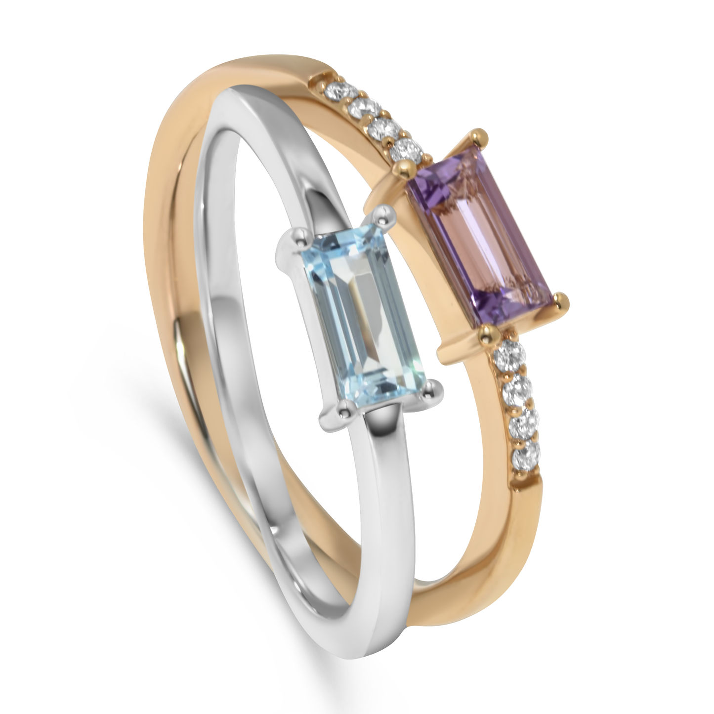 14K Rose Gold and White Gold Split Amethyst and Blue Topaz Diamond Ring