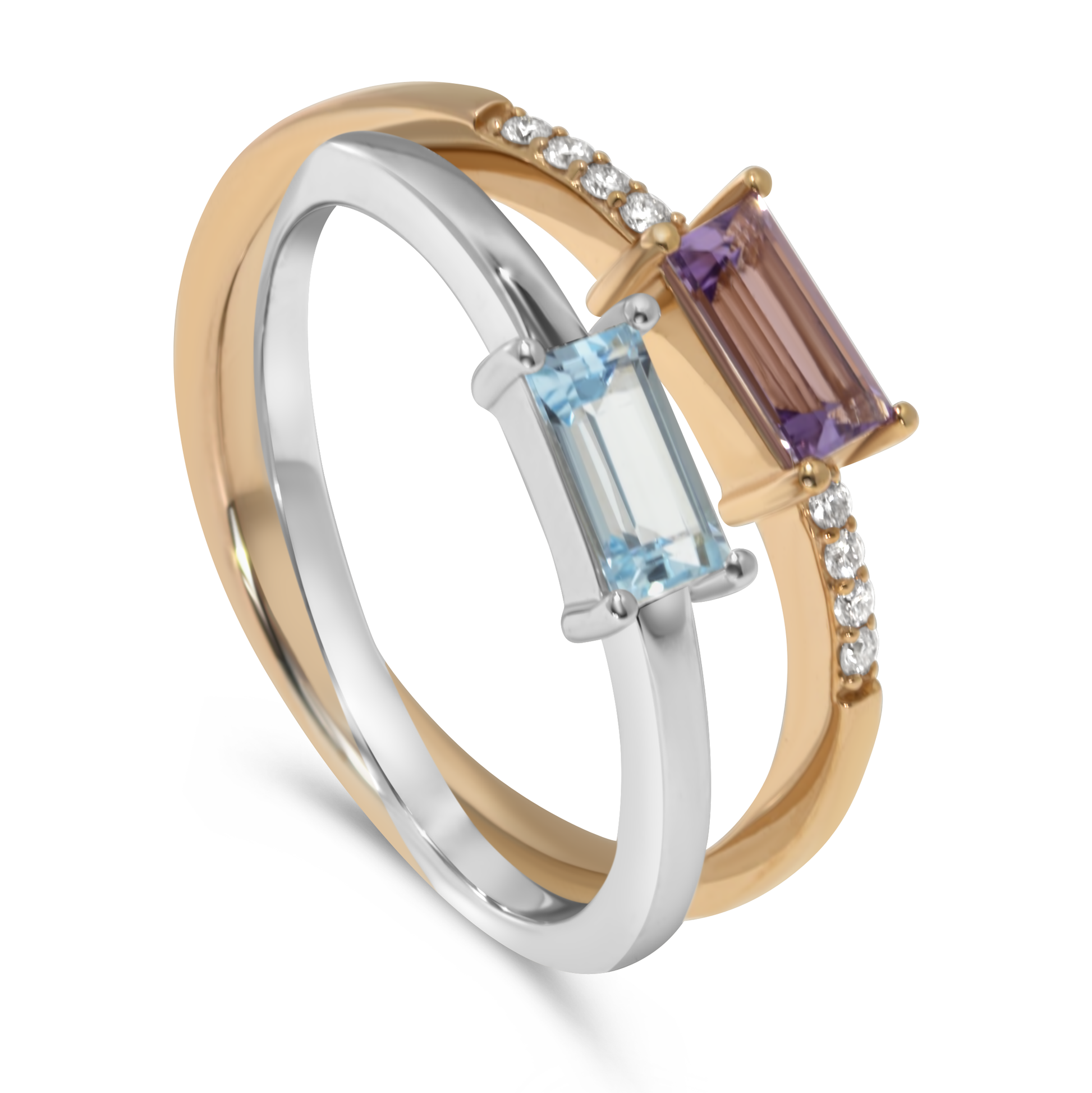 14K Rose Gold and White Gold Split Amethyst and Blue Topaz Diamond Ring