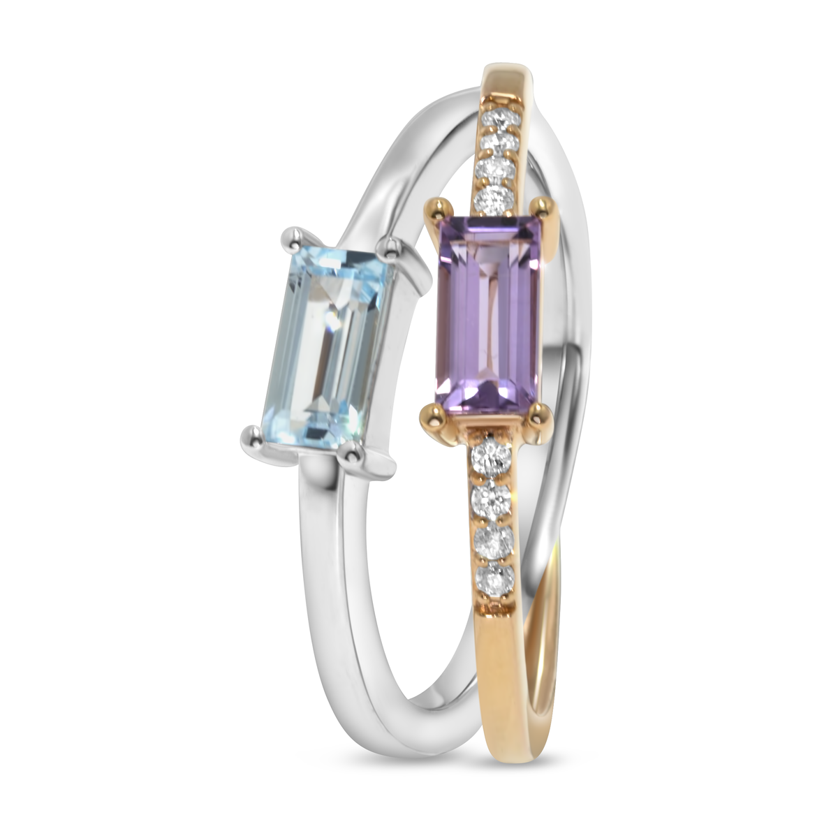 14K Rose Gold and White Gold Split Amethyst and Blue Topaz Diamond Ring