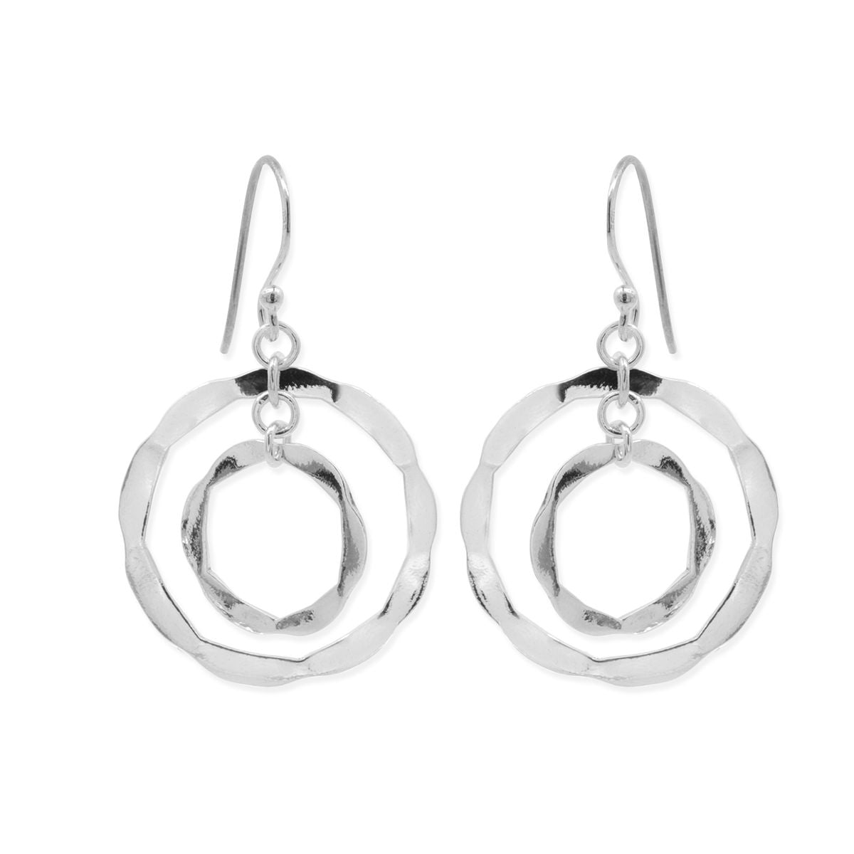 Sterling Silver Wavy Texture Double Circle Dangle Earrings