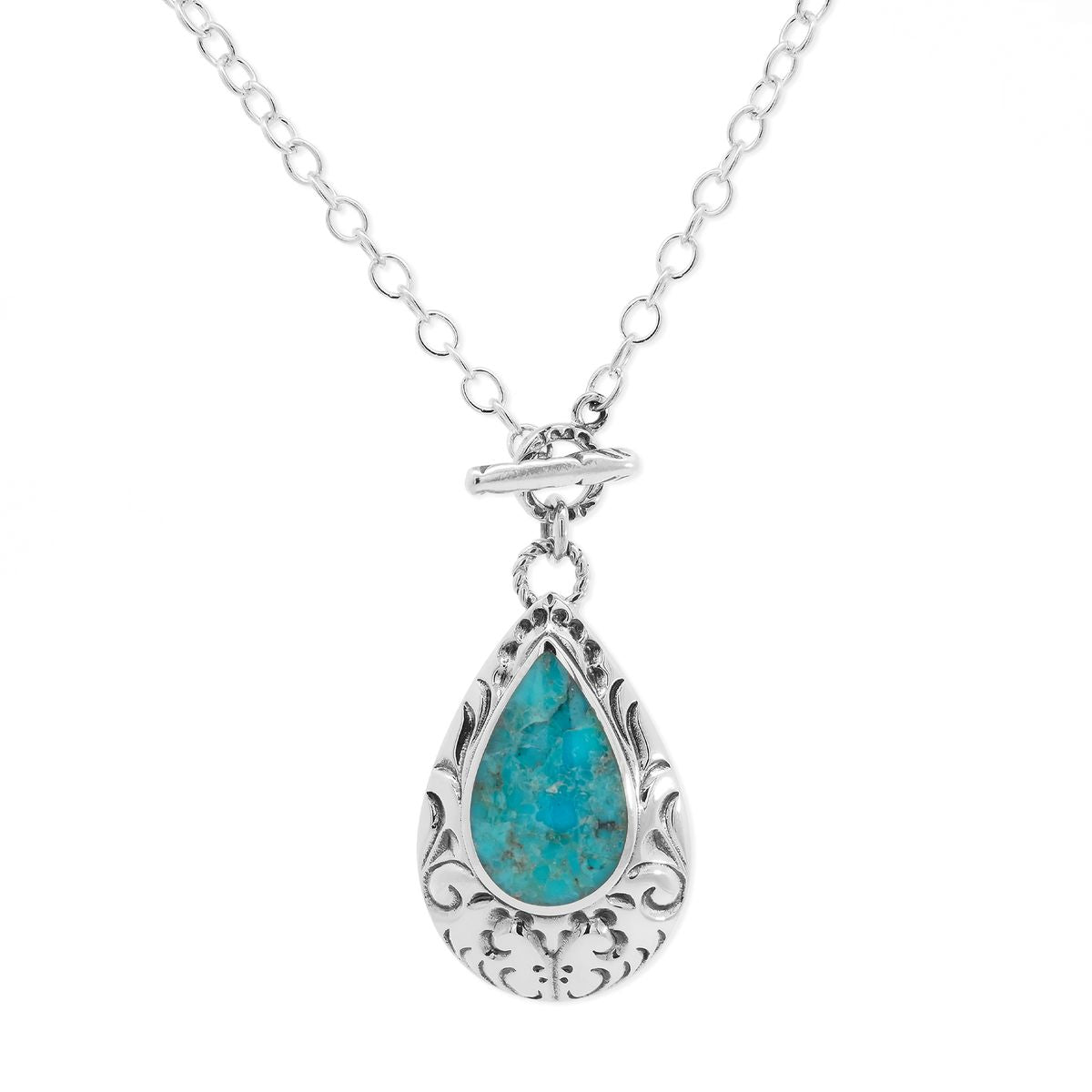 Sterling Silver Ornate Teardrop Turquoise 24 to 26 inch Necklace