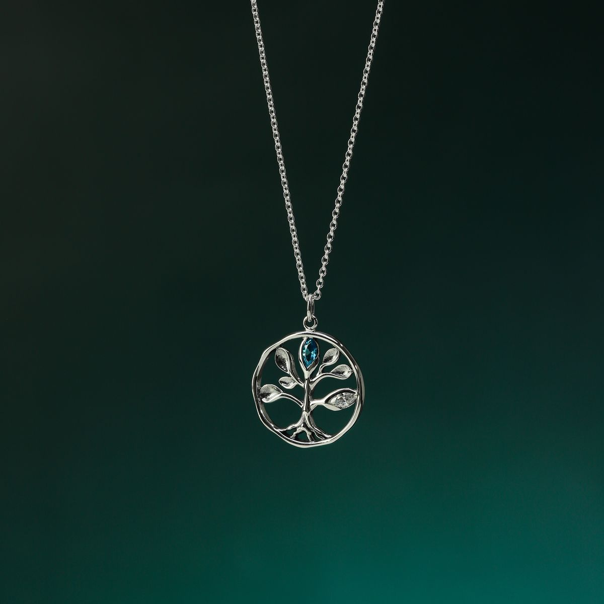 Sterling Silver Tree of Life Necklace with Blue and White Cubic Zirconia