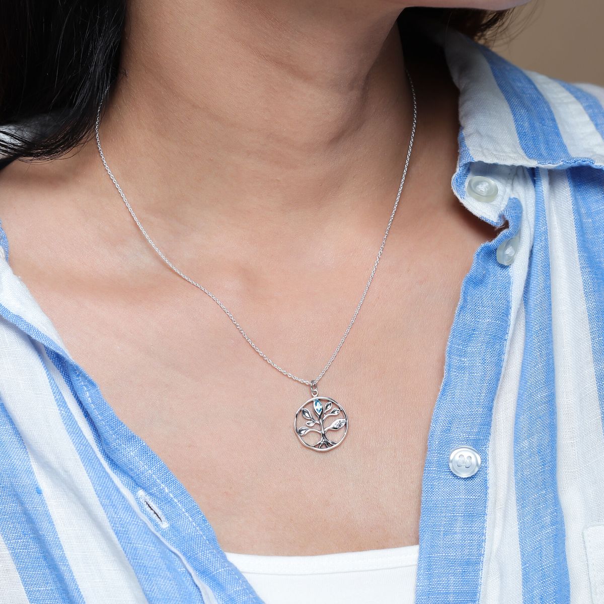 Sterling Silver Tree of Life Necklace with Blue and White Cubic Zirconia
