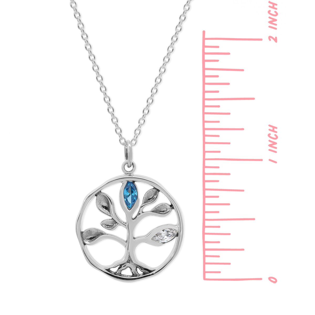 Sterling Silver Tree of Life Necklace with Blue and White Cubic Zirconia