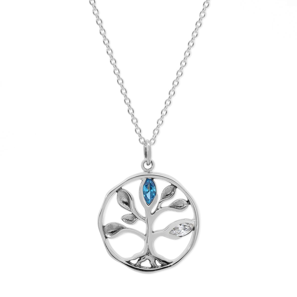 Sterling Silver Tree of Life Necklace with Blue and White Cubic Zirconia
