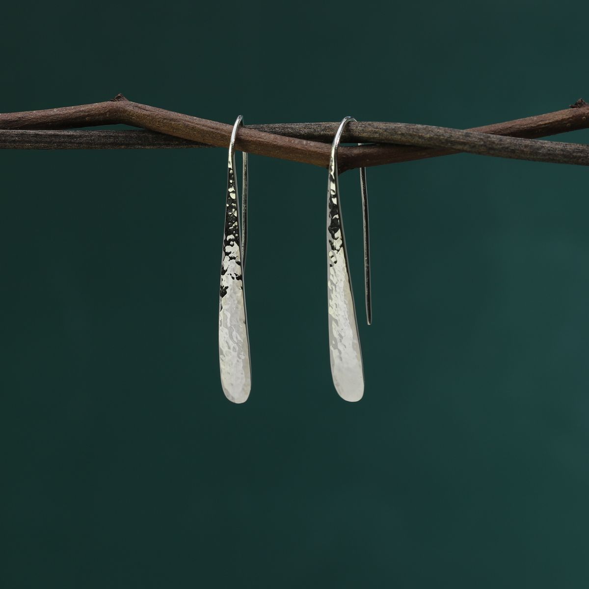 Sterling Silver Hammered Long Pull Through Hoop Earrings