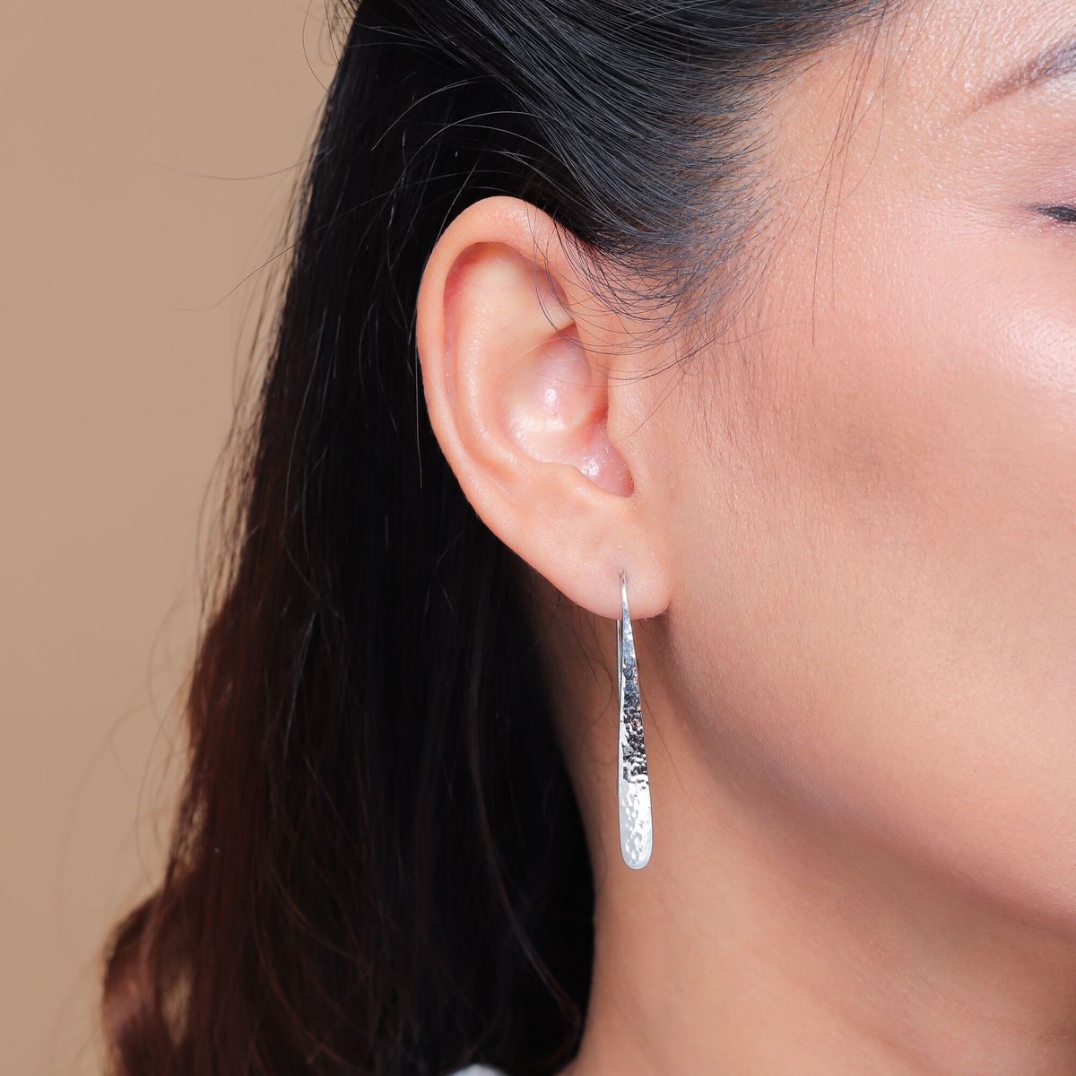 Sterling Silver Hammered Long Pull Through Hoop Earrings