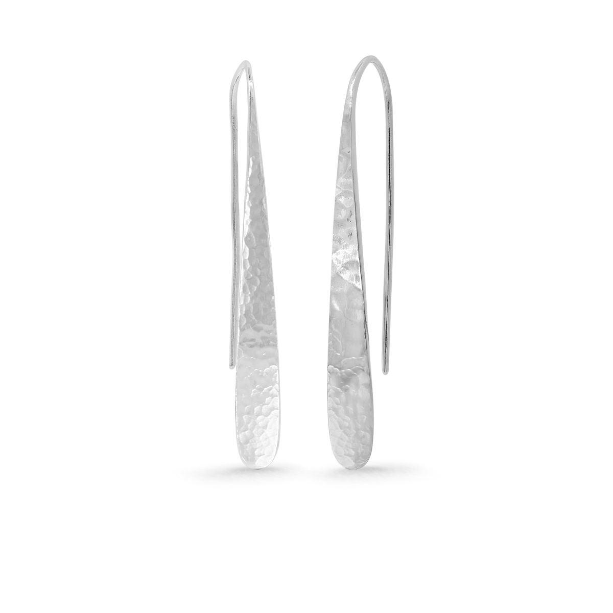 Sterling Silver Hammered Long Pull Through Hoop Earrings