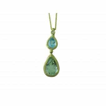 14K Yellow Gold Double Drop Blue Topaz and Amethyst Pendant by Cherie Dori