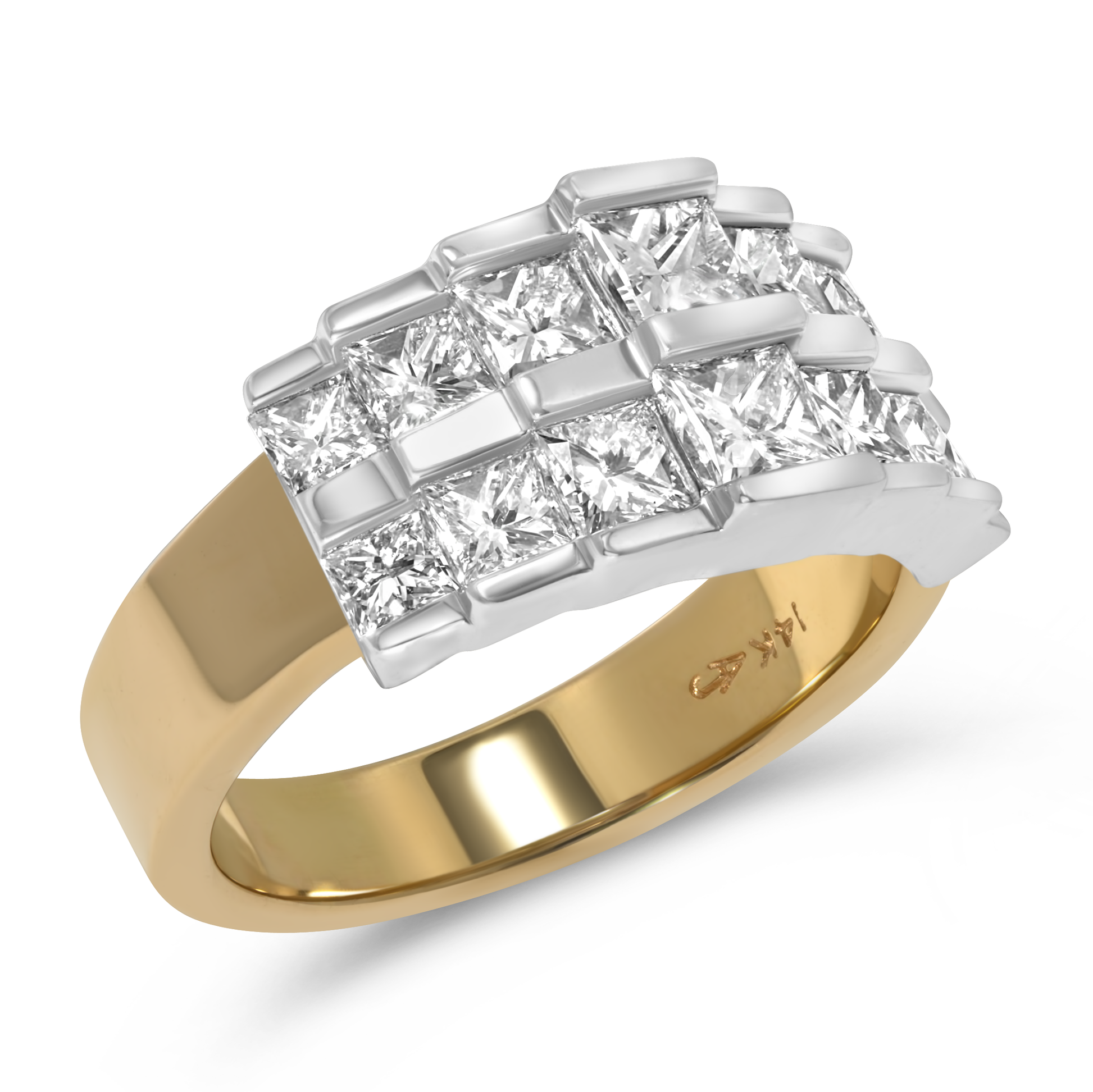 14K White & Yellow Gold Double Row Princess Cut Diamond Band