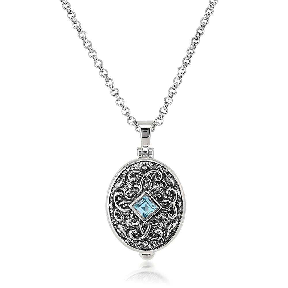 Sterling Silver Arabesque Oval Locket with a Blue Topaz by Anatoli