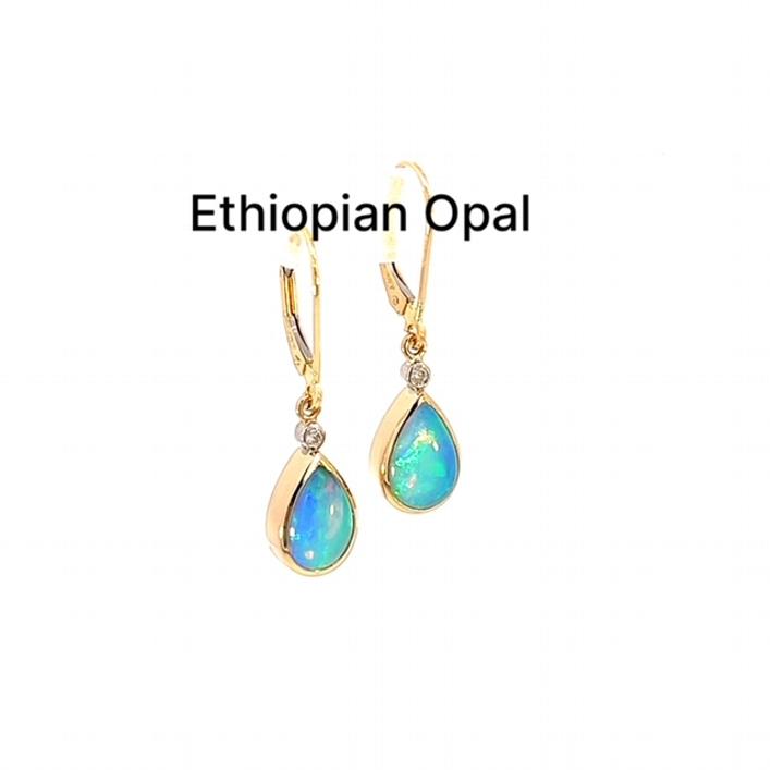 14k Yellow Gold Opal and Diamond Dangle Earrings