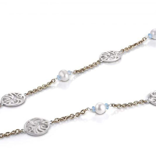 Sterling Silver and Bronze Necklace with Pearl and Blue Topaz by Sara Blaine