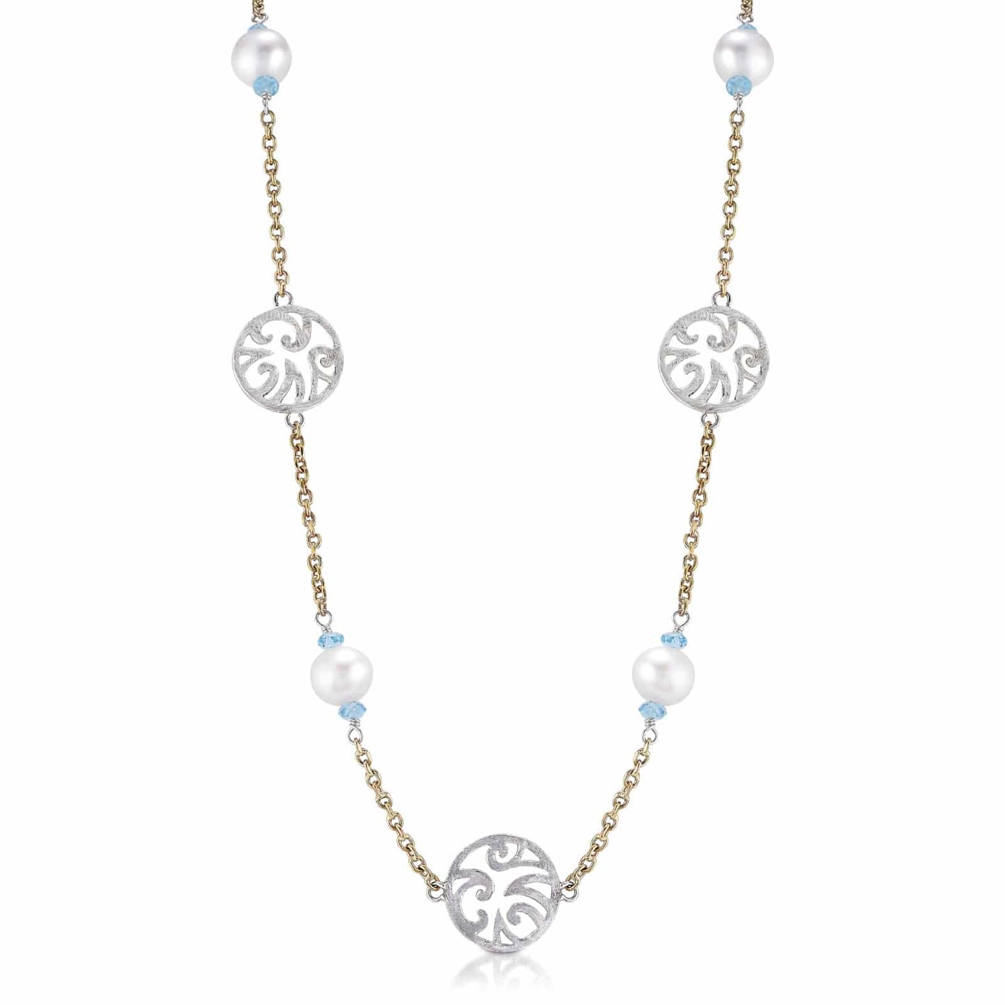 Sterling Silver and Bronze Necklace with Pearl and Blue Topaz by Sara Blaine