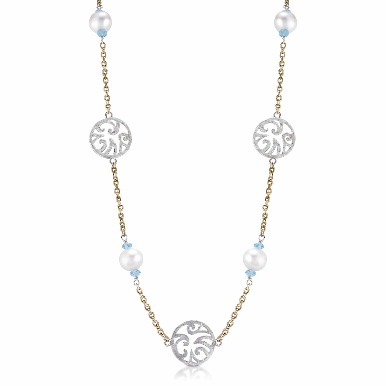 Sterling Silver and Bronze Necklace with Pearl and Blue Topaz by Sara Blaine