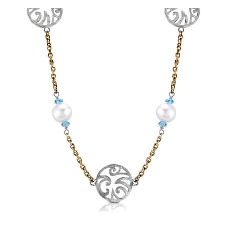 Sterling Silver and Bronze Necklace with Pearl and Blue Topaz by Sara Blaine