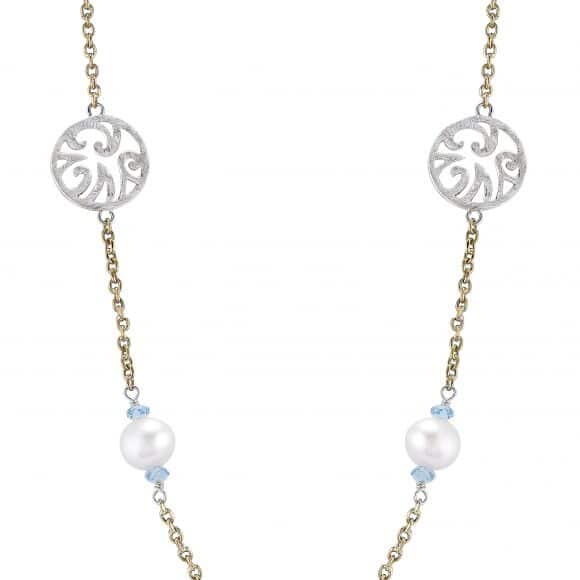 Sterling Silver and Bronze Necklace with Pearl and Blue Topaz by Sara Blaine