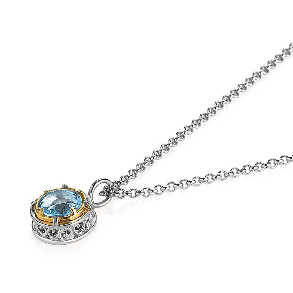 Sterling Silver and Gold Vermeil Round Blue Topaz Necklace