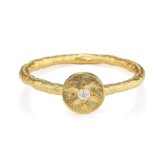 18K Gold Vermeil Petite Hammered Disc Ring with a White Sapphire by Anatoli