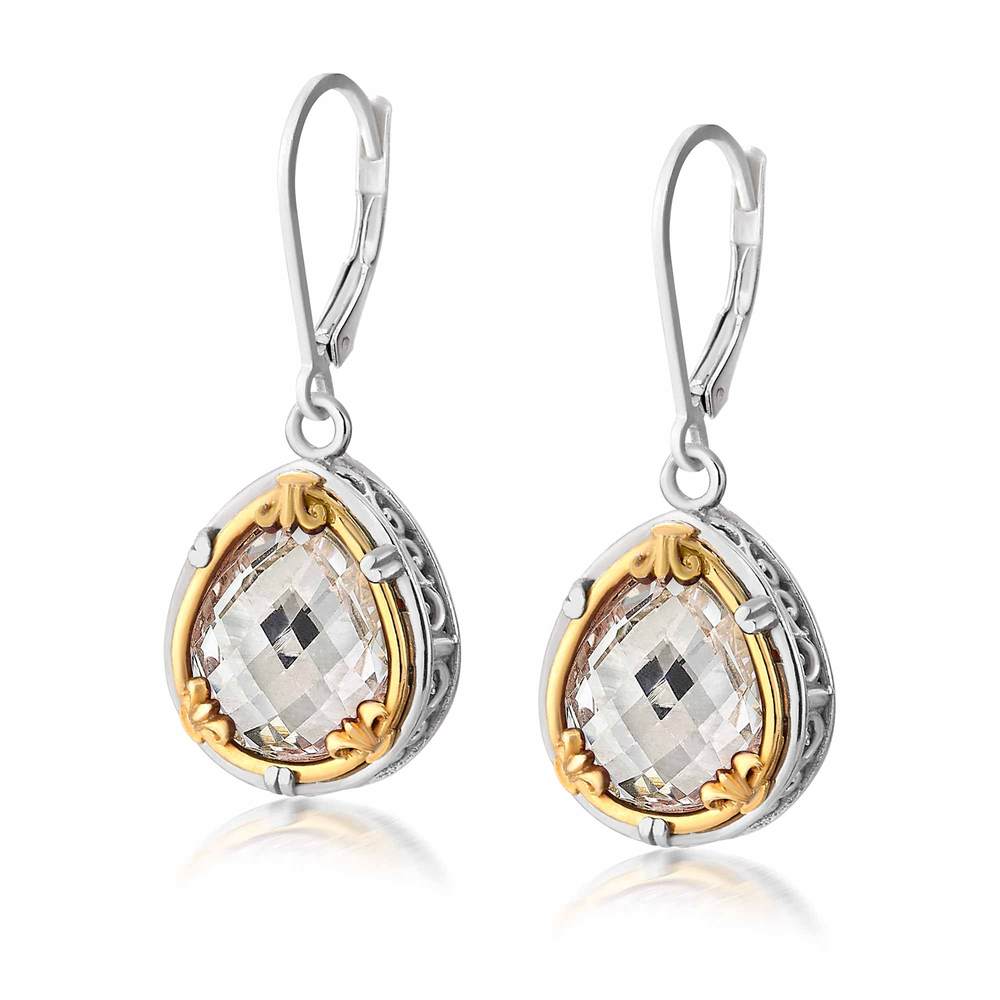 Sterling Silver and 18K Gold Vermeil Pear Shaped Rock Crystal Dangle Earrings by Anatoli